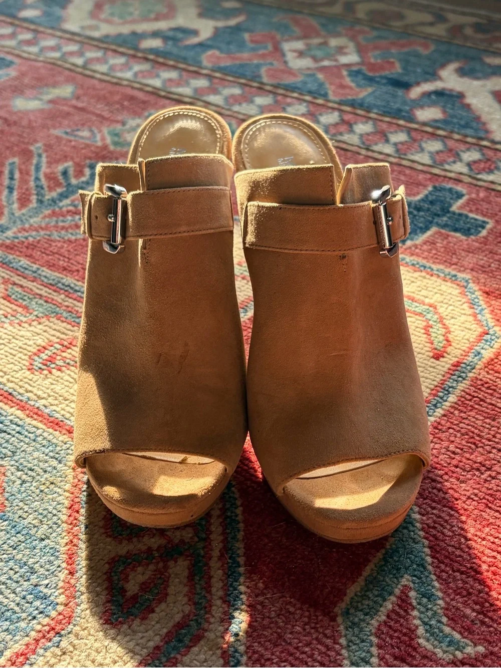 Michael Kors Tan Suede Open-Toe Buckle Mule Heels